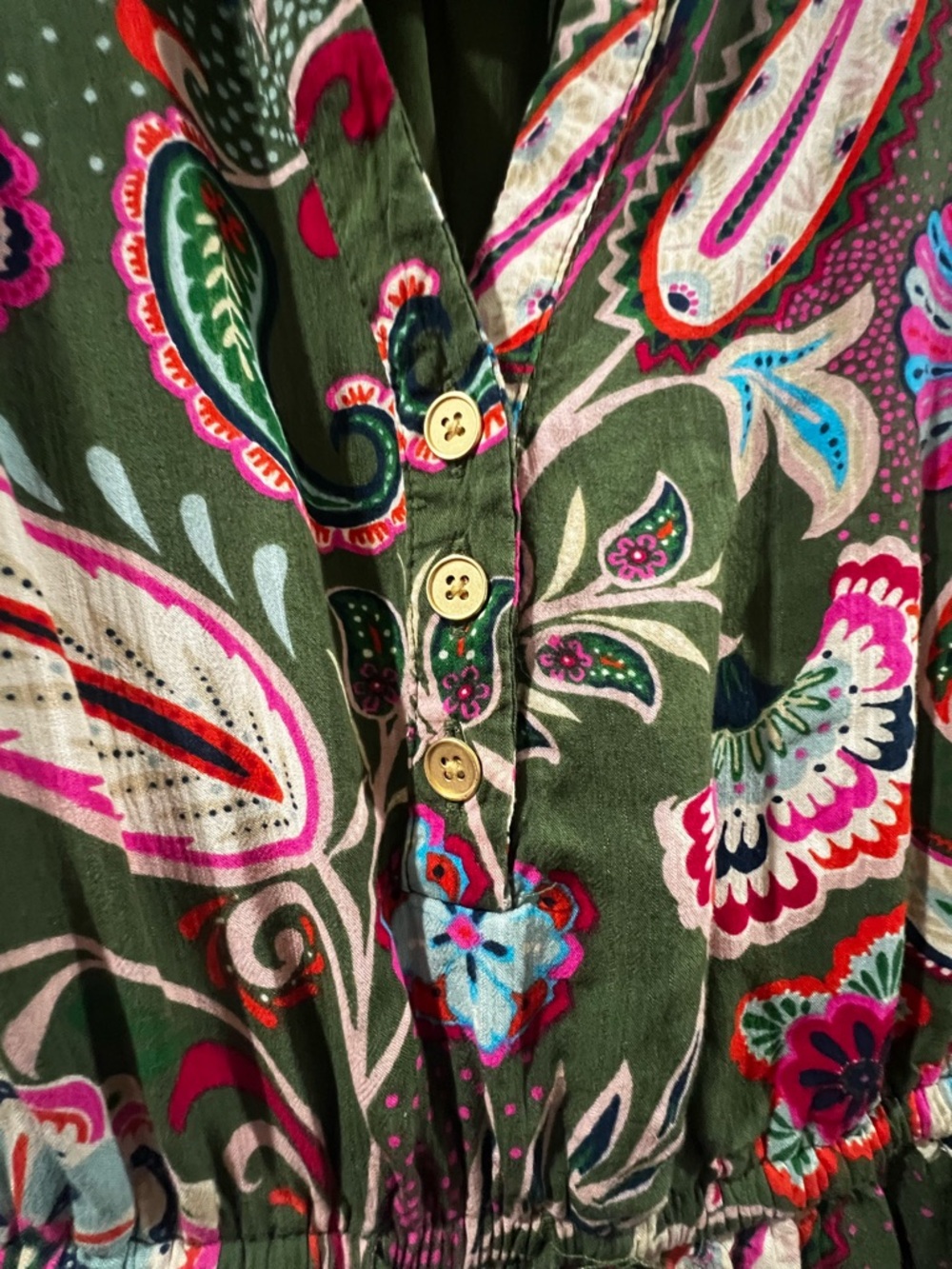 Women's Olive Green Bright Pink Paisley Long Sleeve Midi Dress - Picture 2 of 4